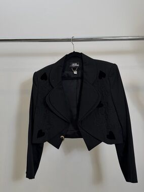 Women's Black Cropped Embroidered Blazer by Angos For Clothes